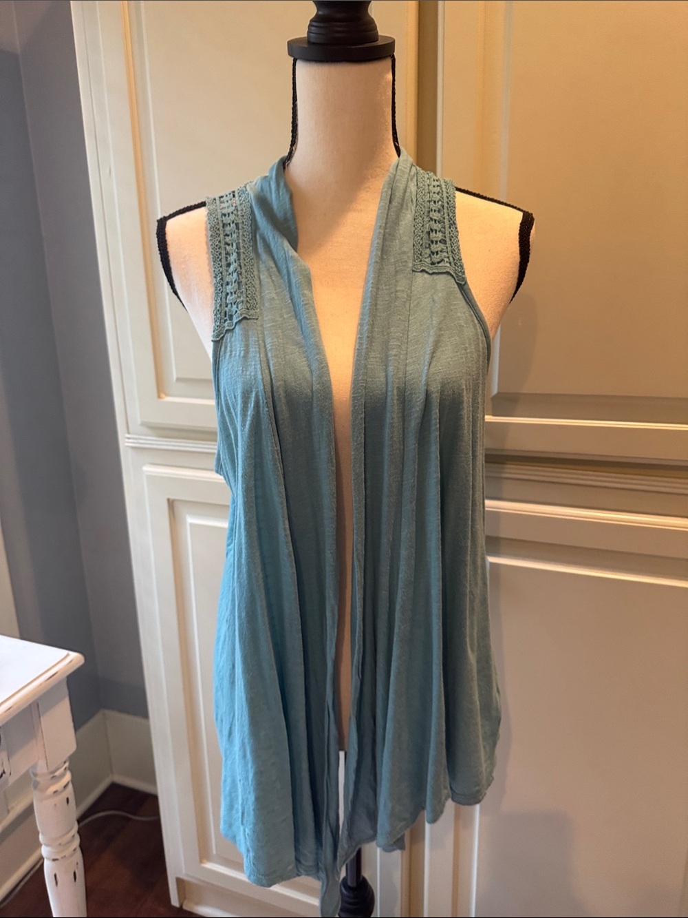 Sonoma Light Blue Open-Front Knit Tank with Crochet Shoulders